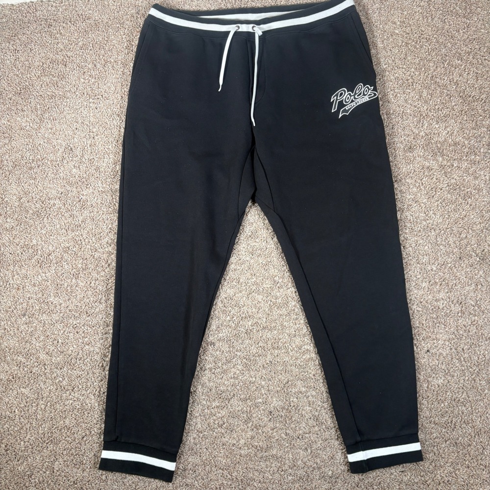 Polo Ralph Lauren Mens XL Black Script Logo Striped Trim Jogger Sweatpants